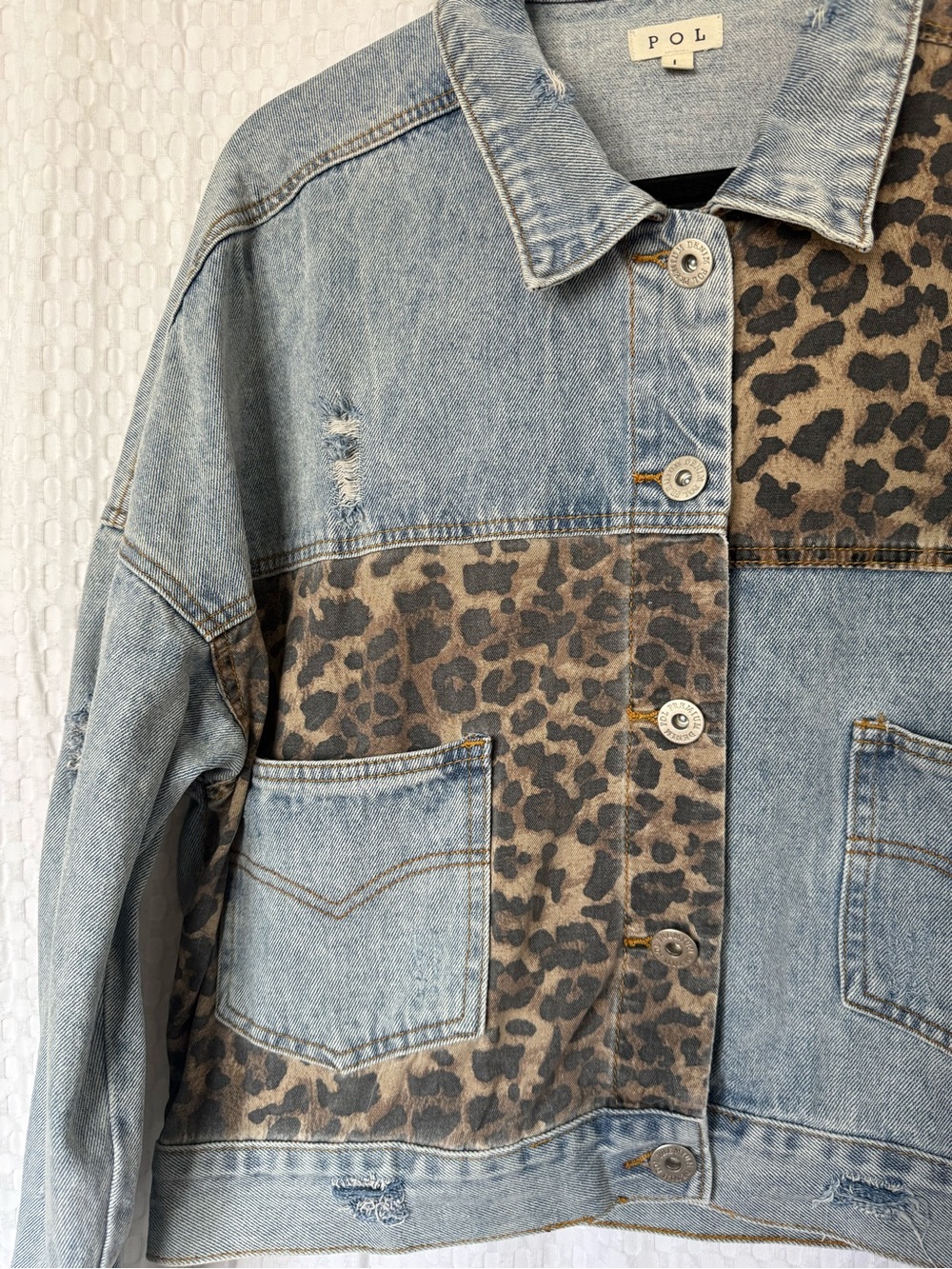 POL Leopard Print Colorblock Distressed Denim Jacket Size L Oversized - Picture 5 of 7